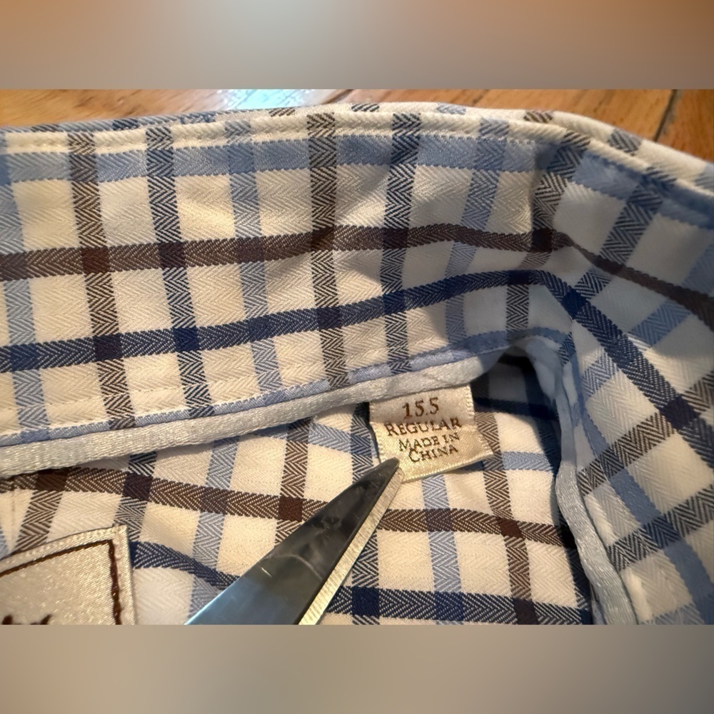 Peter Millar Nanoluxe Easy Care Shirt Blue/White/Brown Check Men Sz M 15.5 Reg - Picture 5 of 12